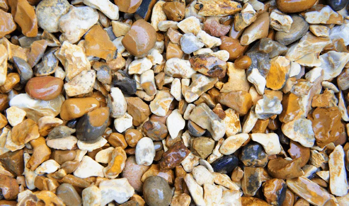 Loose display of golden shingle, containing golden, brown and white flints, graded from 10 to 20mm, showcased wet.