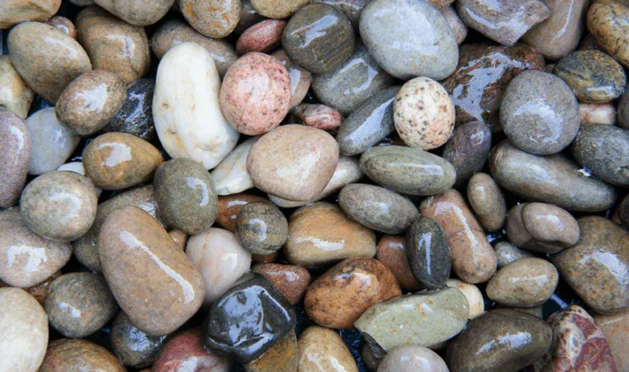 Naturally rounded, multi-coloured, river-washed pebbles, displayed wet.